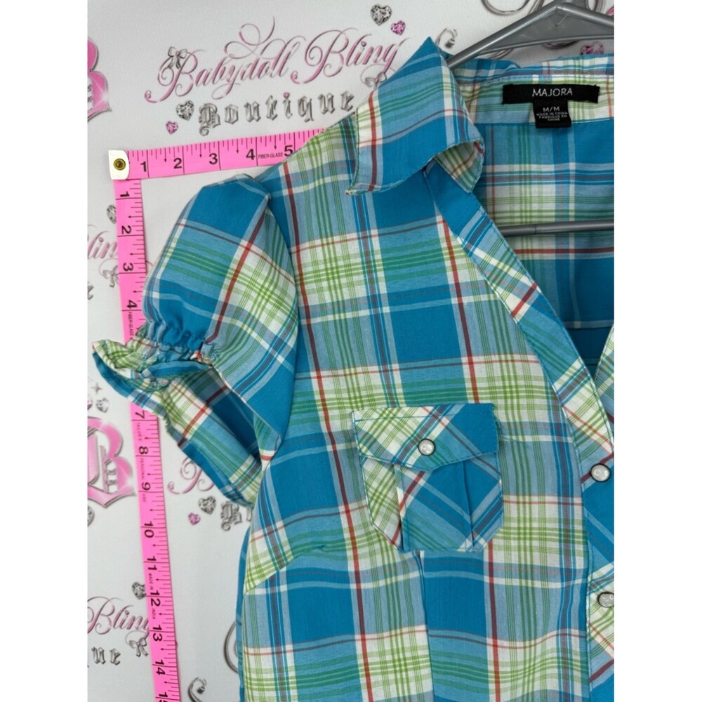 Majora T-shirt y2k Blue Plaid Button-Down Shirt stripes orange blue green white - Picture 4 of 9